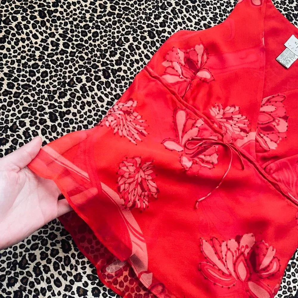 90s silk babydoll red floral top - Picture 7 of 7